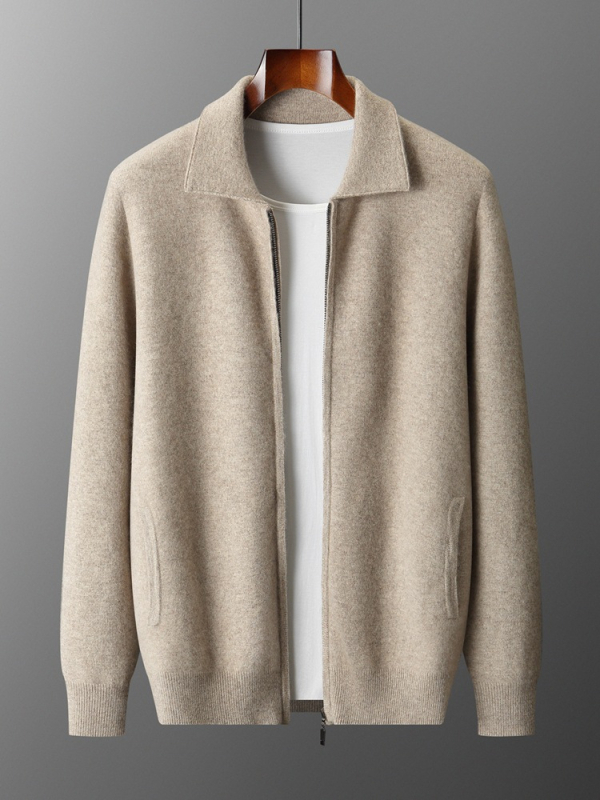 Cardigan polo din cașmir pentru bărbați, croială lejeră, guler cămașă, culoare solidă, tricot călduros pentru toamnă-iarna