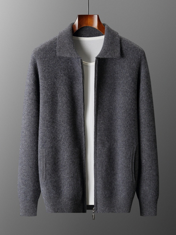 Cardigan polo din cașmir pentru bărbați, croială lejeră, guler cămașă, culoare solidă, tricot călduros pentru toamnă-iarna