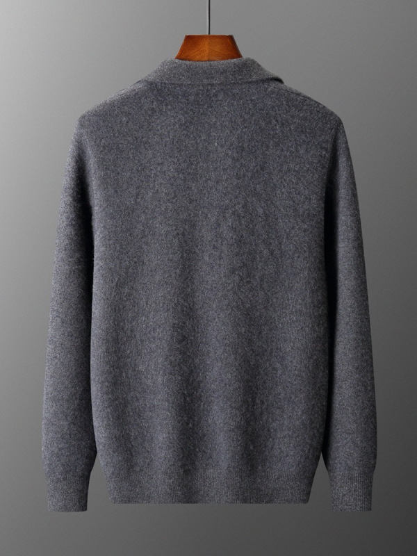 Cardigan polo din cașmir pentru bărbați, croială lejeră, guler cămașă, culoare solidă, tricot călduros pentru toamnă-iarna