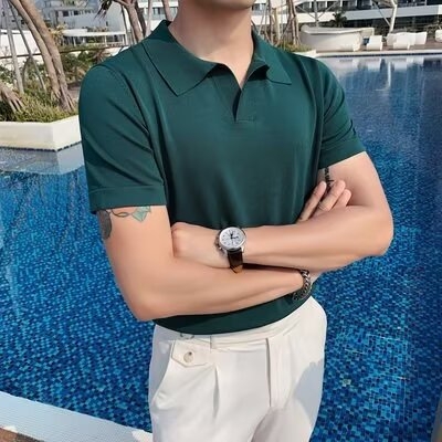 Ανδρικό κοντομάνικο πλεκτό polo σε στυλ Κορέας, εφαρμοστό, μονόχρωμο, Ice Silk, καθημερινή χρήση