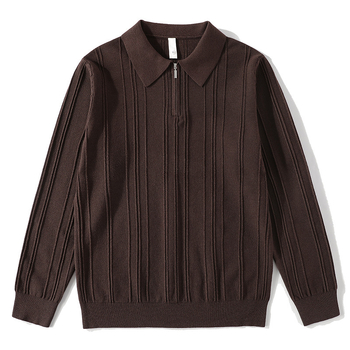 Férfi vintage kötött polo pulóver fél-zipzárral, gallér, jacquard textúra, anti-pilling, fehér, tél