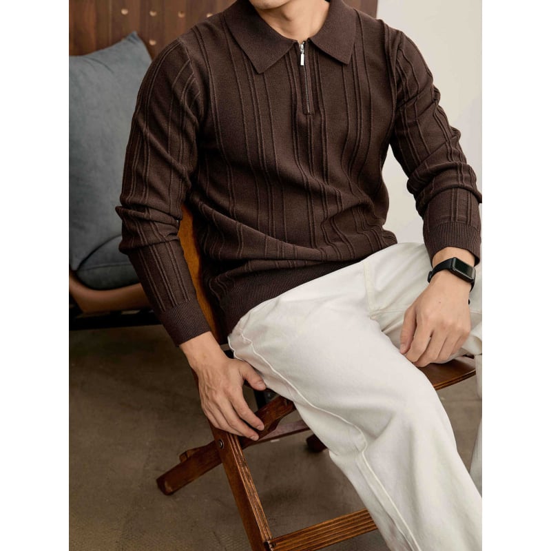 Férfi vintage kötött polo pulóver fél-zipzárral, gallér, jacquard textúra, anti-pilling, fehér, tél