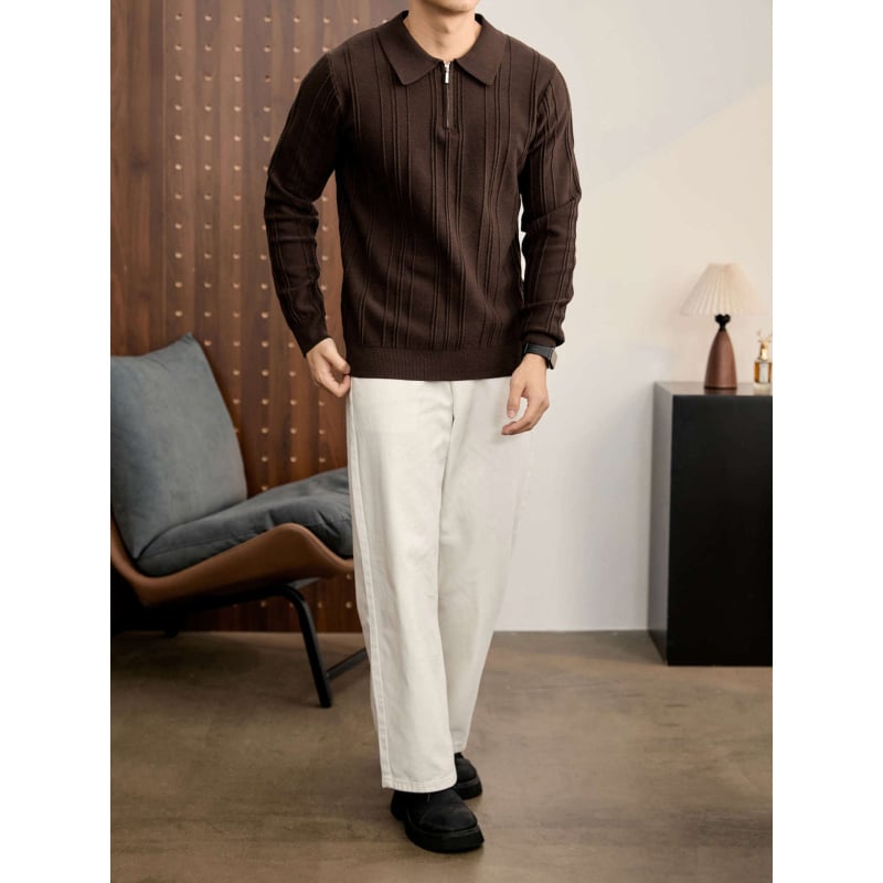 Férfi vintage kötött polo pulóver fél-zipzárral, gallér, jacquard textúra, anti-pilling, fehér, tél