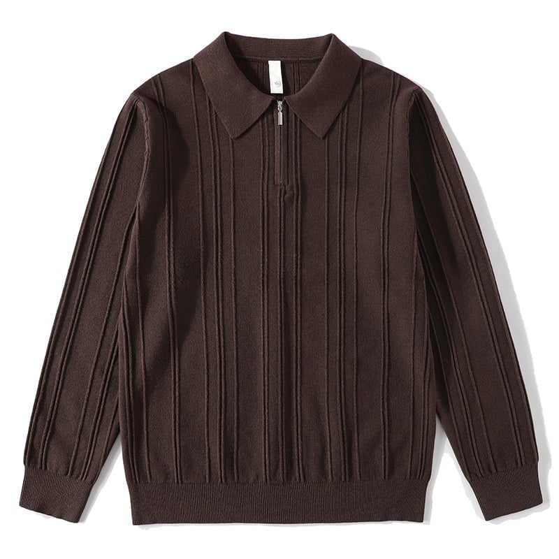 Férfi vintage kötött polo pulóver fél-zipzárral, gallér, jacquard textúra, anti-pilling, fehér, tél