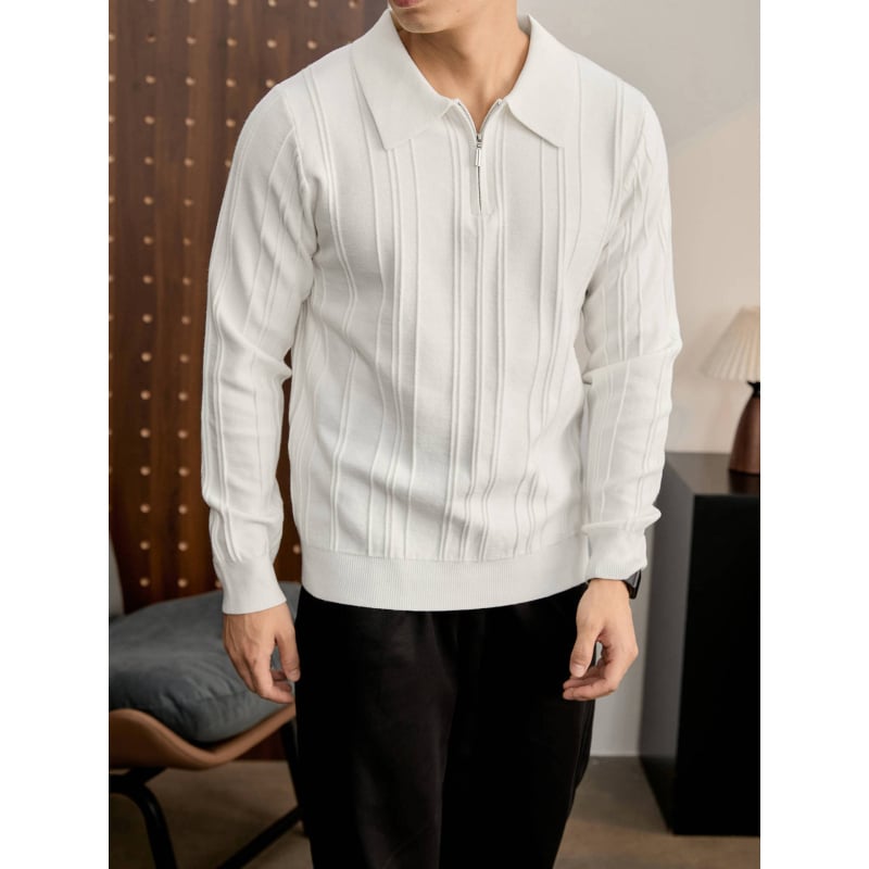 Férfi vintage kötött polo pulóver fél-zipzárral, gallér, jacquard textúra, anti-pilling, fehér, tél