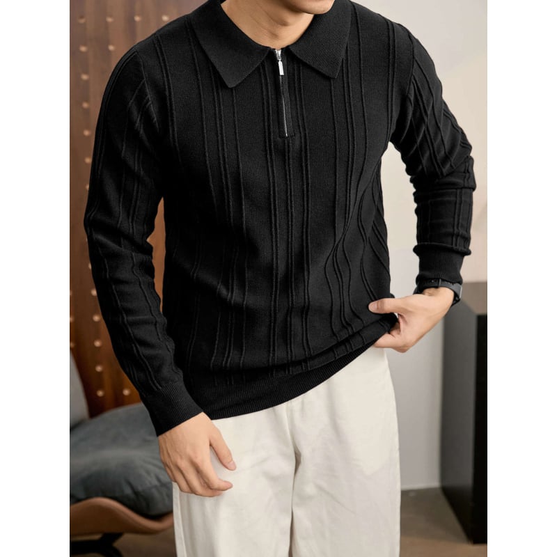 Férfi vintage kötött polo pulóver fél-zipzárral, gallér, jacquard textúra, anti-pilling, fehér, tél