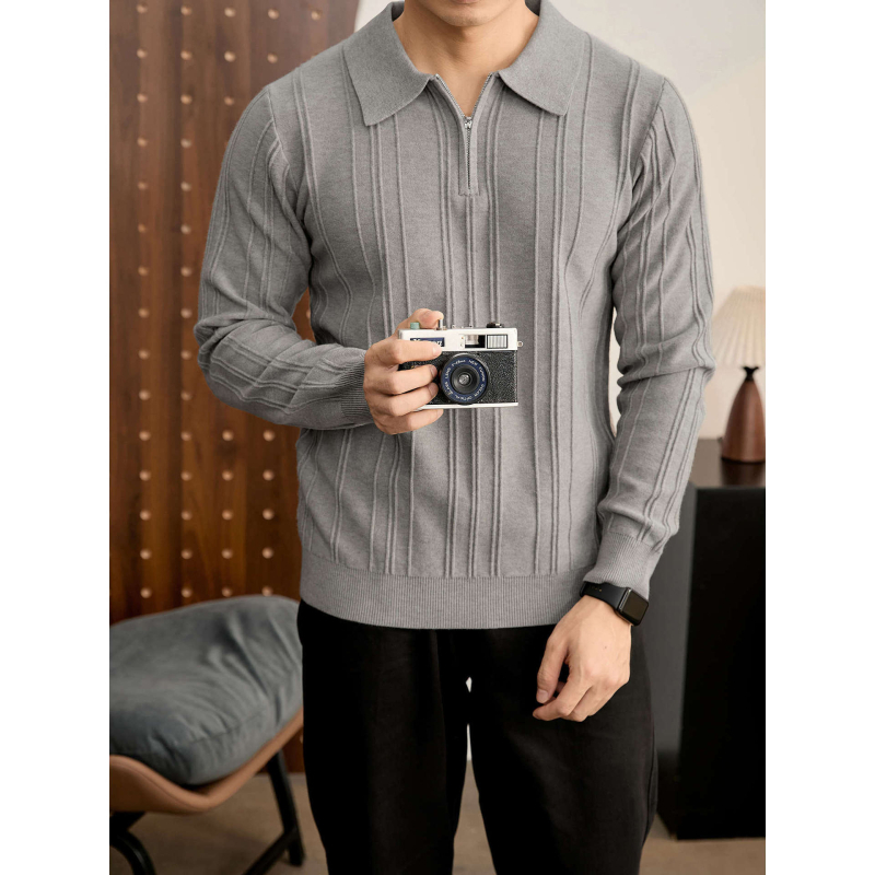 Férfi vintage kötött polo pulóver fél-zipzárral, gallér, jacquard textúra, anti-pilling, fehér, tél