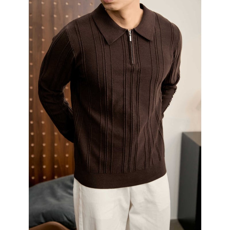 Férfi vintage kötött polo pulóver fél-zipzárral, gallér, jacquard textúra, anti-pilling, fehér, tél