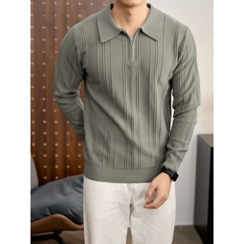 Férfi vintage kötött polo pulóver fél-zipzárral, gallér, jacquard textúra, anti-pilling, fehér, tél