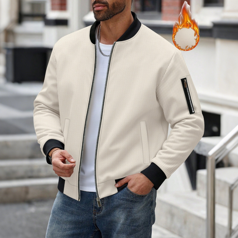 Ανδρικό χειμερινό cardigan με πλεκτό waffle, μονόχρωμο, φερμουάρ και τσέπες, με σταθερό γιακά