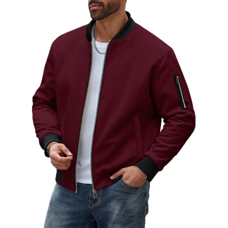 Ανδρικό χειμερινό cardigan με πλεκτό waffle, μονόχρωμο, φερμουάρ και τσέπες, με σταθερό γιακά