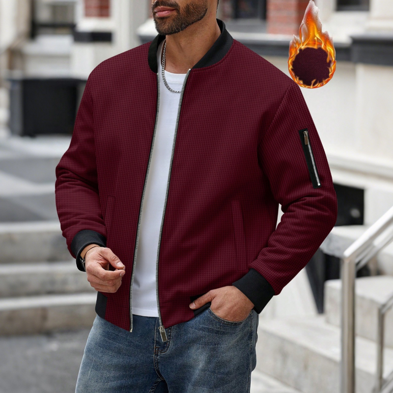Ανδρικό χειμερινό cardigan με πλεκτό waffle, μονόχρωμο, φερμουάρ και τσέπες, με σταθερό γιακά