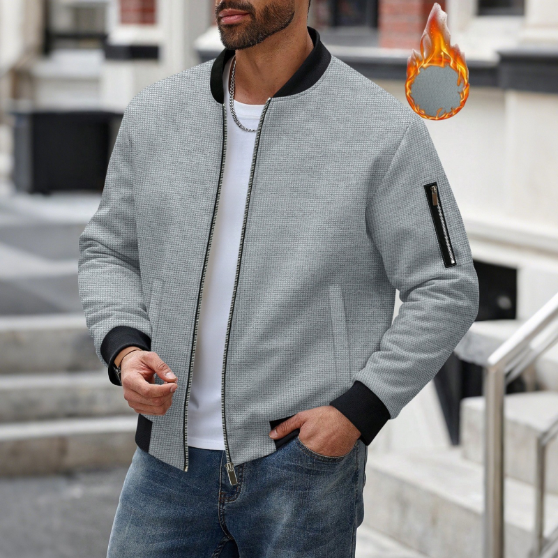 Ανδρικό χειμερινό cardigan με πλεκτό waffle, μονόχρωμο, φερμουάρ και τσέπες, με σταθερό γιακά