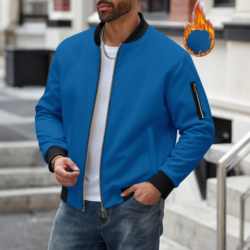 Ανδρικό χειμερινό cardigan με πλεκτό waffle, μονόχρωμο, φερμουάρ και τσέπες, με σταθερό γιακά