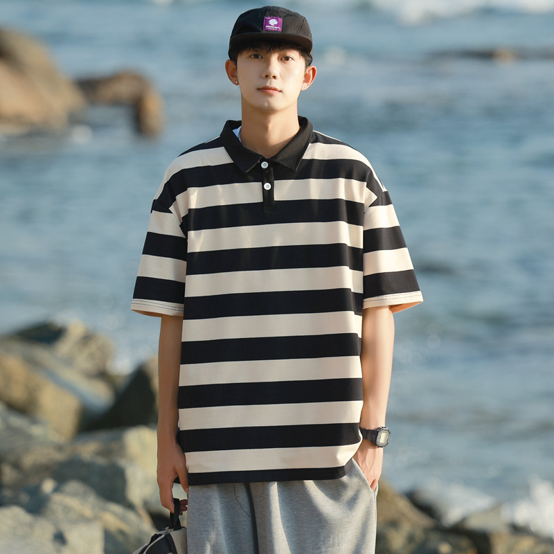 Polo majica u japanskom stilu s retro prugama, muški kratkih rukava, ljeto, koledž stil, plus veličina, moderan polo T-shirt s kratkim rukavima
