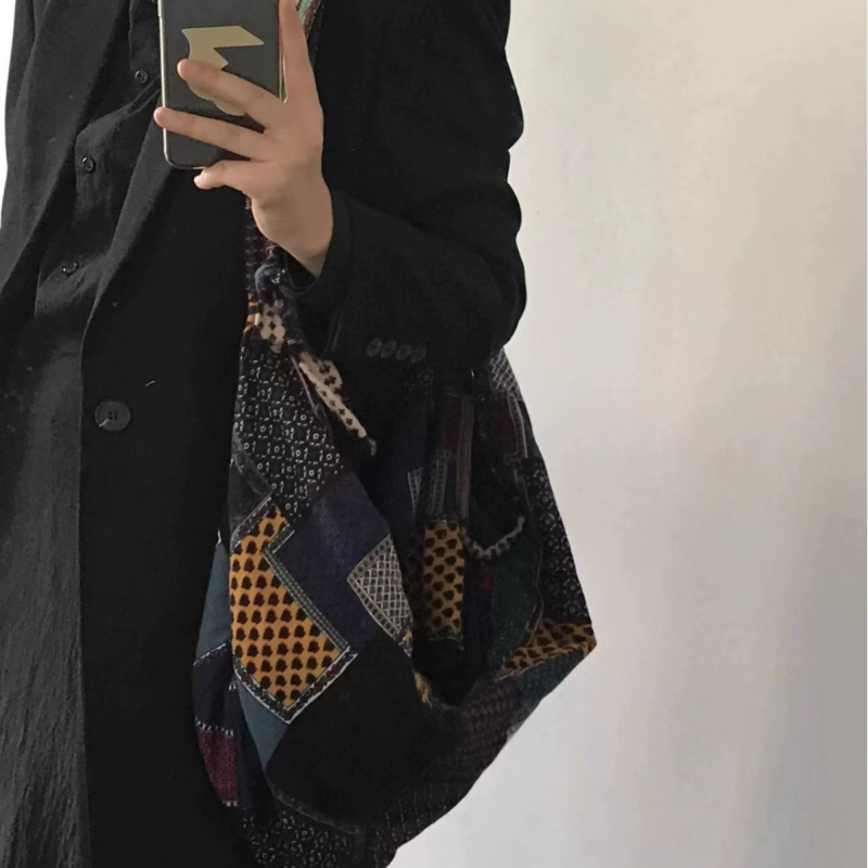 Šarena etno-stil patchwork platnena torba za ramena s velikim kapacitetom, višenamjenska crossbody/torba