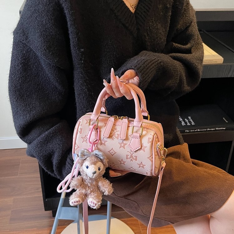 Ružičasto-tonirana vintage cvjetna mini kvadratna torbica s privjeskom lutka, elegantna crossbody torba za dnevnu upotrebu