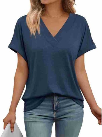 Γυναικείο καλοκαιρινό T‑shirt με V-λαιμό, κοντά μανίκια, χαλαρή γραμμή, μονόχρωμο, μεγάλο μέγεθος