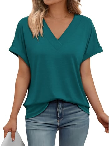 Γυναικείο καλοκαιρινό T‑shirt με V-λαιμό, κοντά μανίκια, χαλαρή γραμμή, μονόχρωμο, μεγάλο μέγεθος