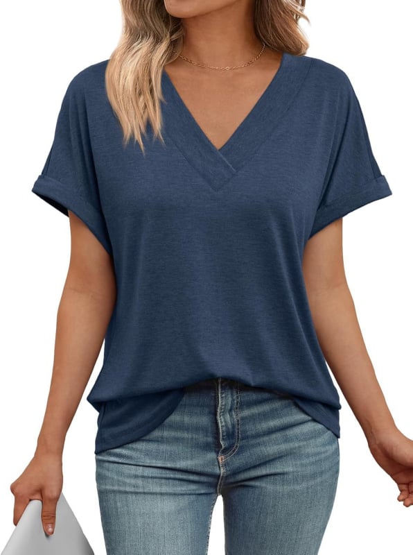 Γυναικείο καλοκαιρινό T‑shirt με V-λαιμό, κοντά μανίκια, χαλαρή γραμμή, μονόχρωμο, μεγάλο μέγεθος