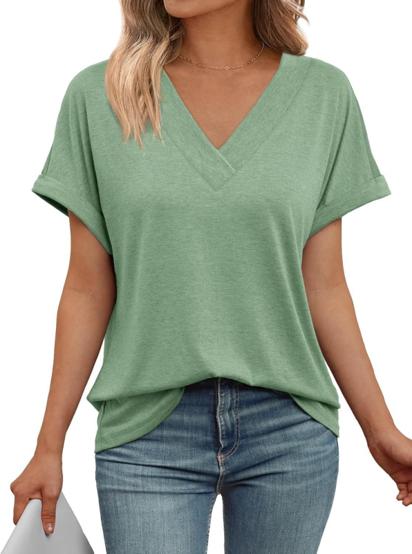 Γυναικείο καλοκαιρινό T‑shirt με V-λαιμό, κοντά μανίκια, χαλαρή γραμμή, μονόχρωμο, μεγάλο μέγεθος