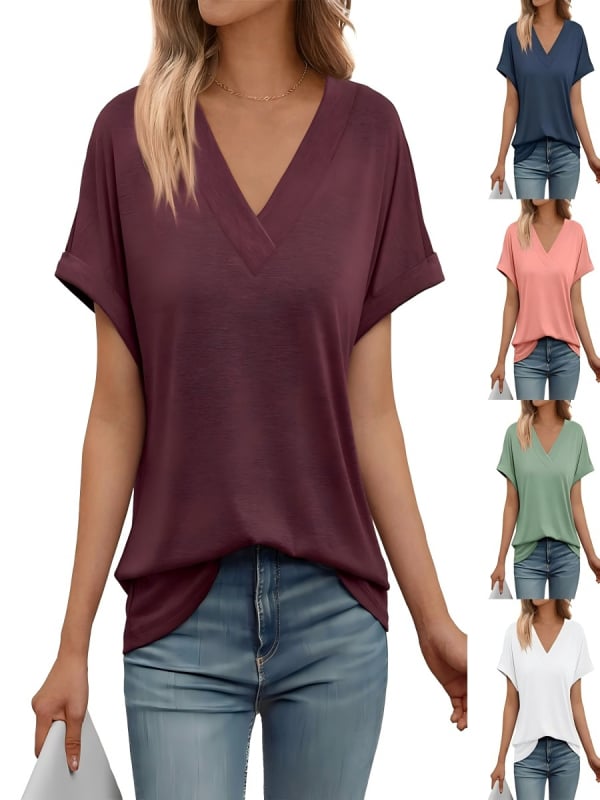 Γυναικείο καλοκαιρινό T‑shirt με V-λαιμό, κοντά μανίκια, χαλαρή γραμμή, μονόχρωμο, μεγάλο μέγεθος