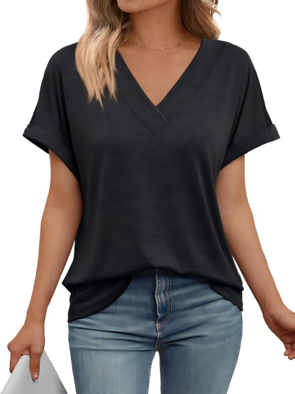 Γυναικείο καλοκαιρινό T‑shirt με V-λαιμό, κοντά μανίκια, χαλαρή γραμμή, μονόχρωμο, μεγάλο μέγεθος