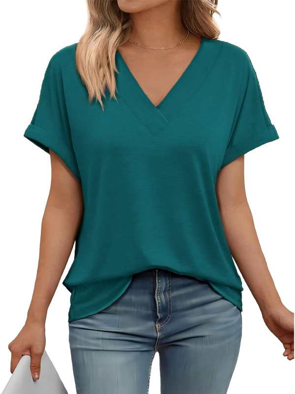 Γυναικείο καλοκαιρινό T‑shirt με V-λαιμό, κοντά μανίκια, χαλαρή γραμμή, μονόχρωμο, μεγάλο μέγεθος