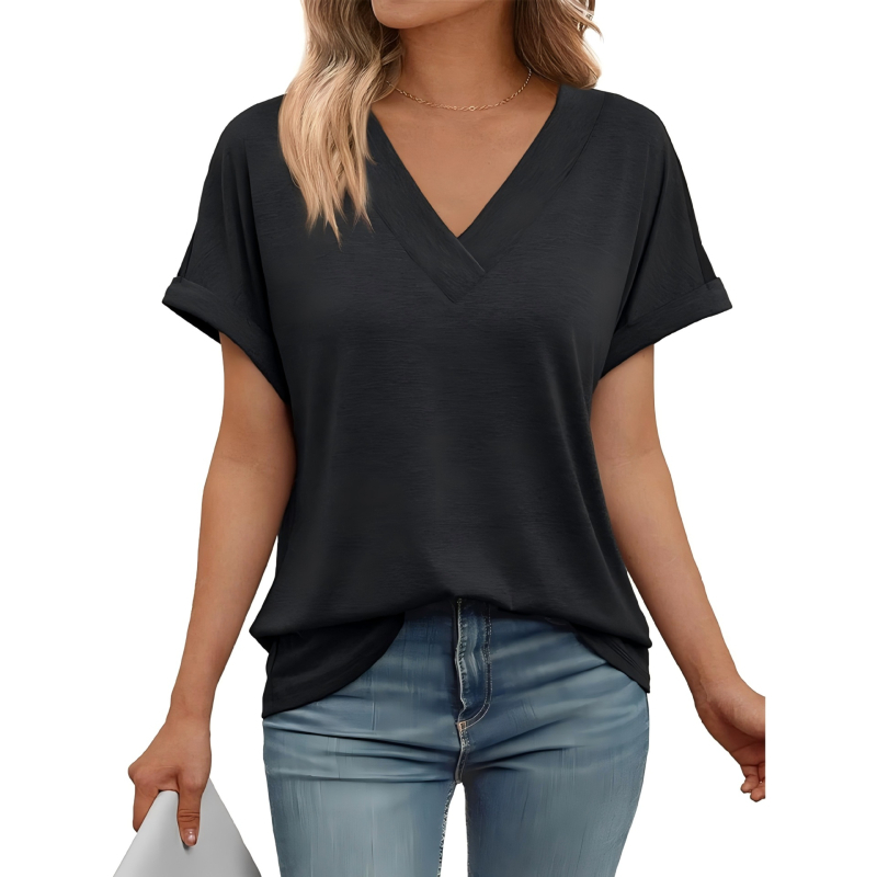 Γυναικείο καλοκαιρινό T‑shirt με V-λαιμό, κοντά μανίκια, χαλαρή γραμμή, μονόχρωμο, μεγάλο μέγεθος