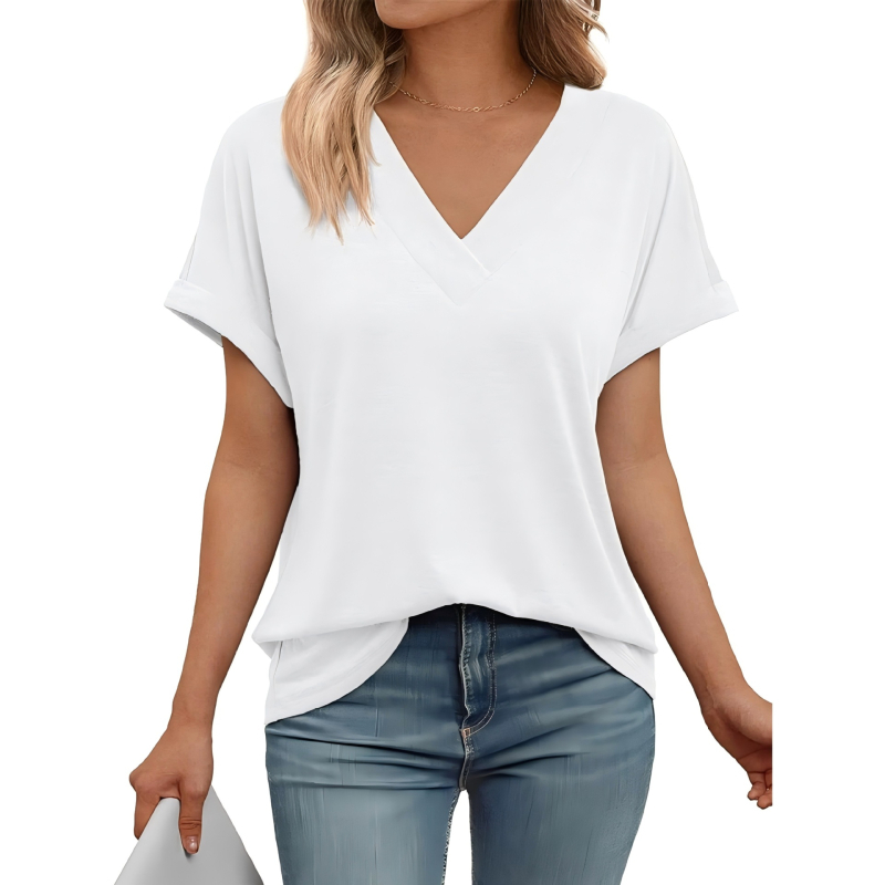 Γυναικείο καλοκαιρινό T‑shirt με V-λαιμό, κοντά μανίκια, χαλαρή γραμμή, μονόχρωμο, μεγάλο μέγεθος