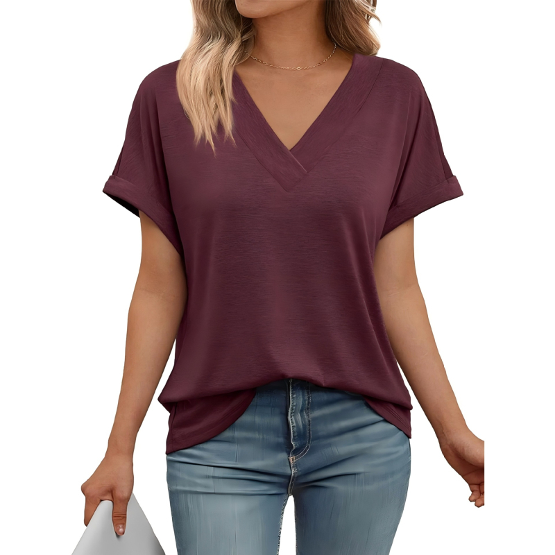 Γυναικείο καλοκαιρινό T‑shirt με V-λαιμό, κοντά μανίκια, χαλαρή γραμμή, μονόχρωμο, μεγάλο μέγεθος