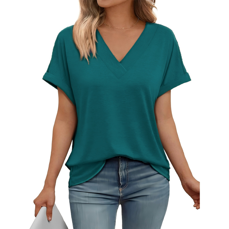 Γυναικείο καλοκαιρινό T‑shirt με V-λαιμό, κοντά μανίκια, χαλαρή γραμμή, μονόχρωμο, μεγάλο μέγεθος
