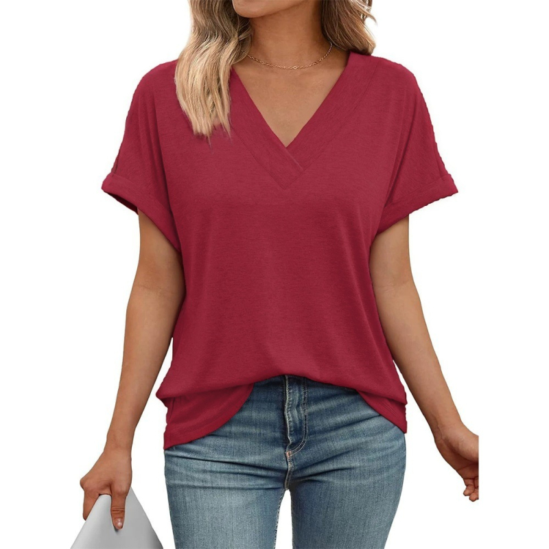 Γυναικείο καλοκαιρινό T‑shirt με V-λαιμό, κοντά μανίκια, χαλαρή γραμμή, μονόχρωμο, μεγάλο μέγεθος