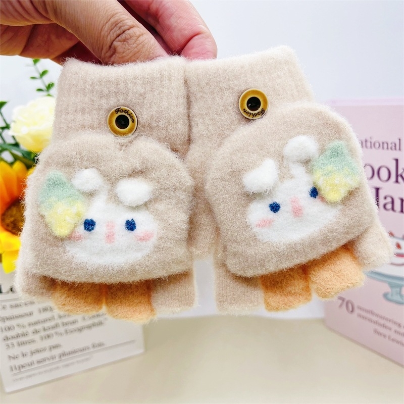 Детски зимни ръкавици с отделени пръсти, цветен плетен зайче модел, топли за деца 4–8 години