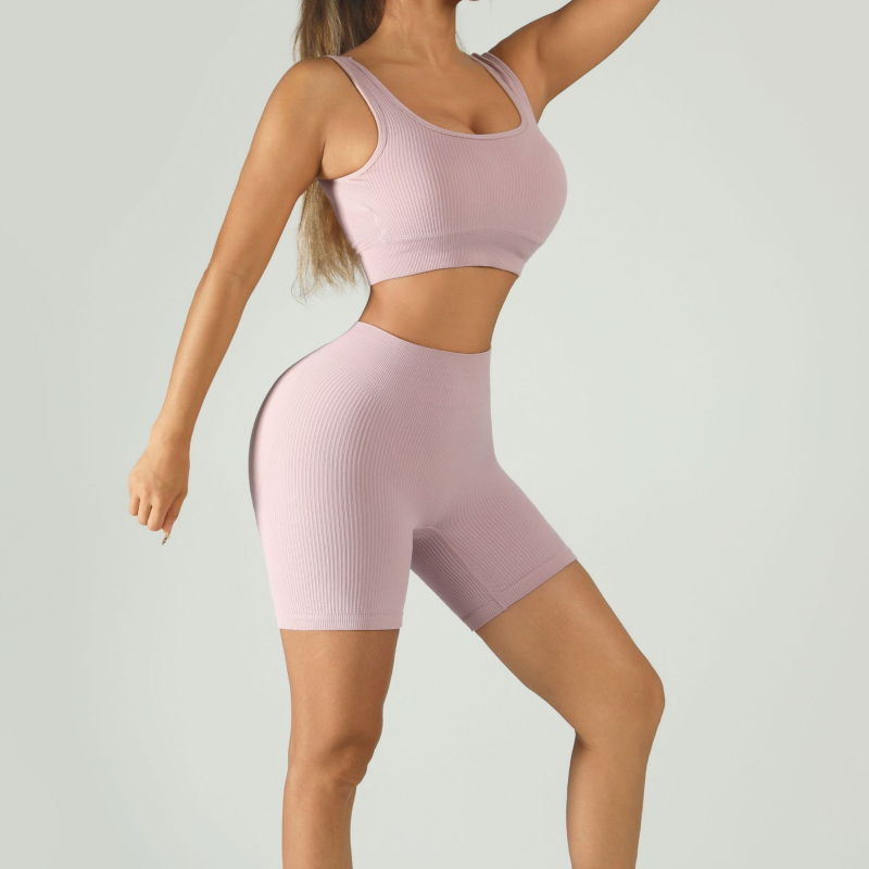 Ženski dvodijelni fitness set: sportski grudnjak s visokim strukom, bezšiven i s podstavom; jogalne šortse do tri četvrtine, najlon/spandex