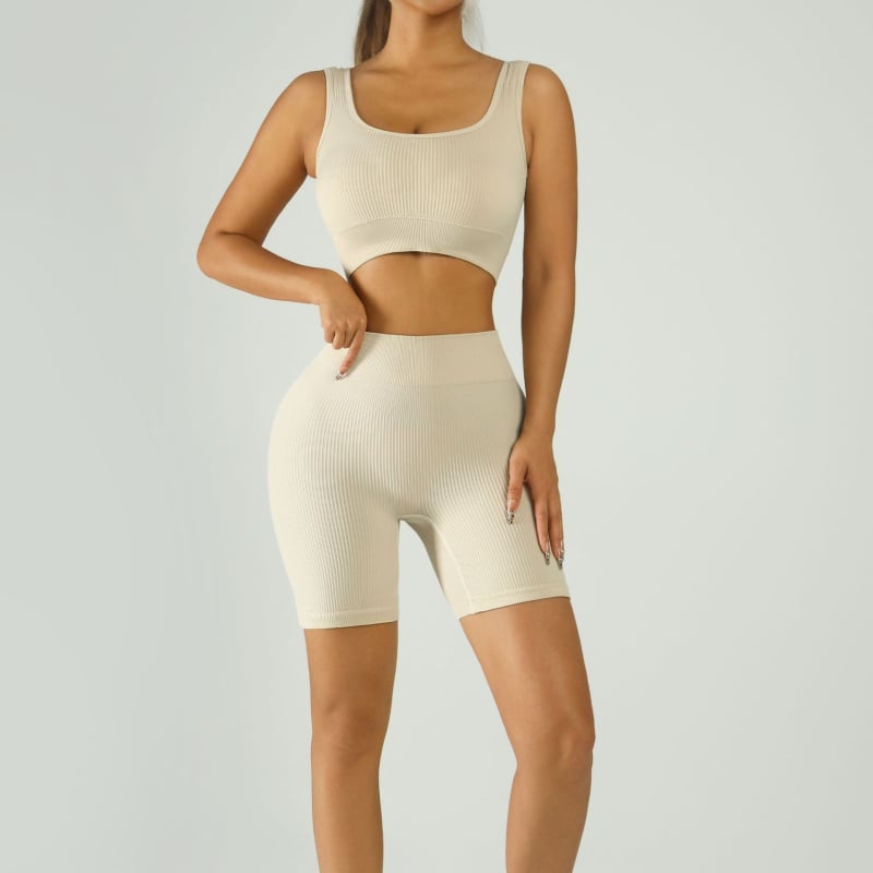 Ženski dvodijelni fitness set: sportski grudnjak s visokim strukom, bezšiven i s podstavom; jogalne šortse do tri četvrtine, najlon/spandex