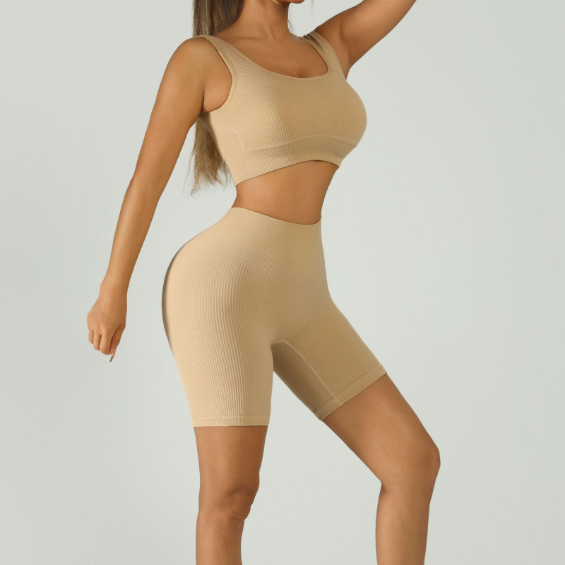 Ženski dvodijelni fitness set: sportski grudnjak s visokim strukom, bezšiven i s podstavom; jogalne šortse do tri četvrtine, najlon/spandex