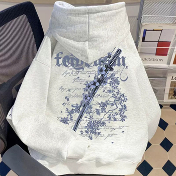Ανδρικό φούτερ με κουκούλα, εκτύπωση Cherry Blossom και σπαθί, βιντάζ άνετη γραμμή, φλις επένδυση, φερμουάρ, για χειμώνα