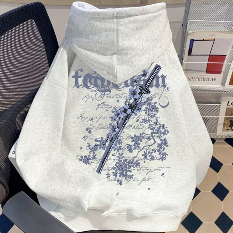 Ανδρικό φούτερ με κουκούλα, εκτύπωση Cherry Blossom και σπαθί, βιντάζ άνετη γραμμή, φλις επένδυση, φερμουάρ, για χειμώνα