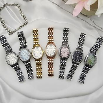 Γυναικείο ρολόι Quartz με μπρασελέ από ανοξείδωτο ατσάλι, οβάλ καντράν, ρωμαϊκούς αριθμούς, χρυσό τόνο, κομψό καθημερινό στυλ