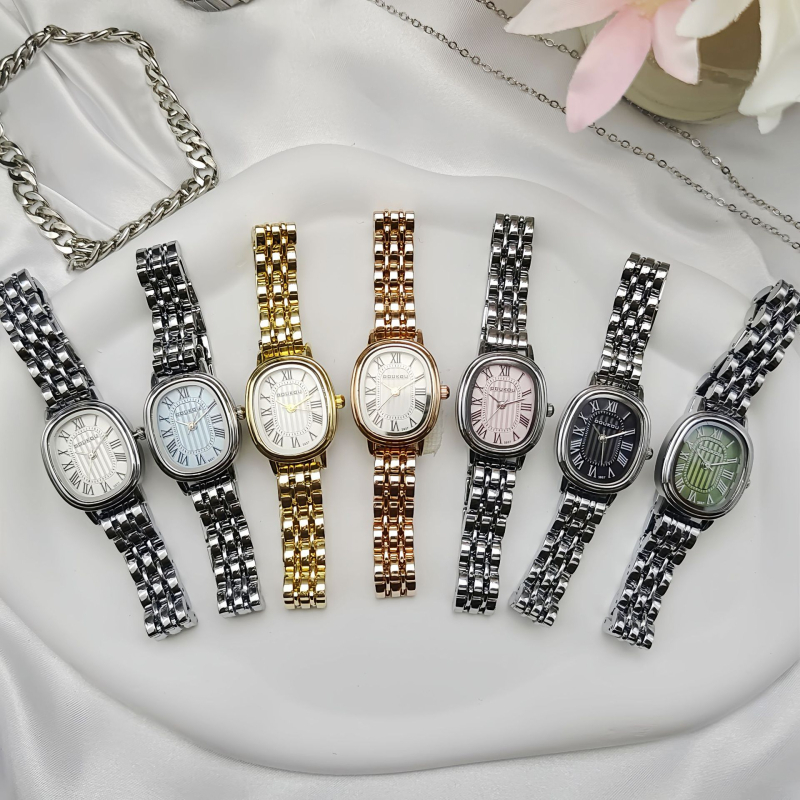 Γυναικείο ρολόι Quartz με μπρασελέ από ανοξείδωτο ατσάλι, οβάλ καντράν, ρωμαϊκούς αριθμούς, χρυσό τόνο, κομψό καθημερινό στυλ