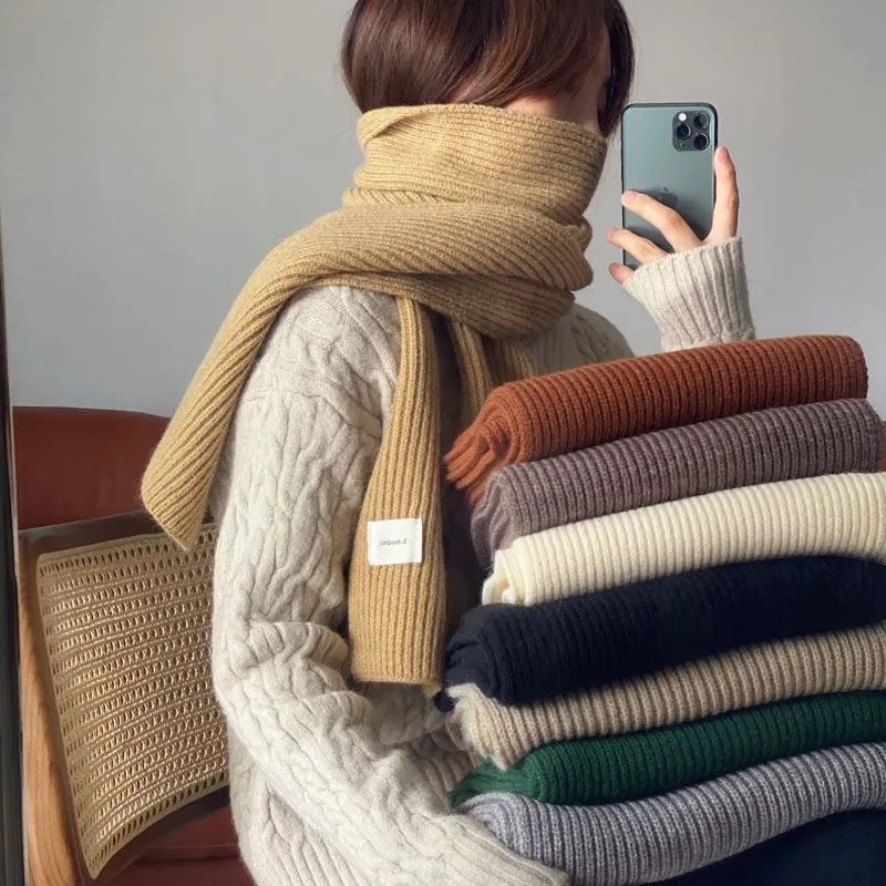 Jednobojni pleteni šal za žene, jesen–zimsko razdoblje, korejskog stila, za studente, svestran, topao, debeli šal za vrat, za parove
