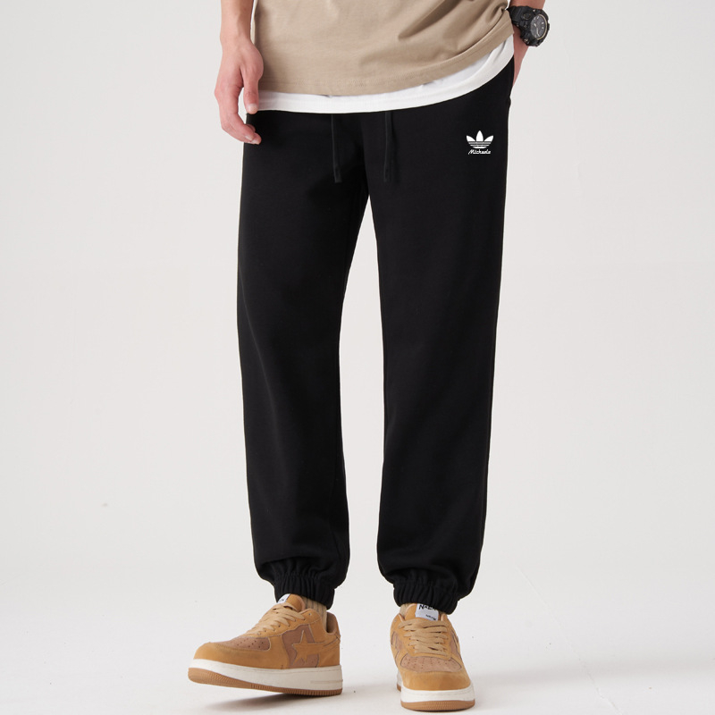 Teške 350 g casual sportske hlače, unisex, jesen 2025, širok kroj, print s trofolijom, pamučne pletene hlače