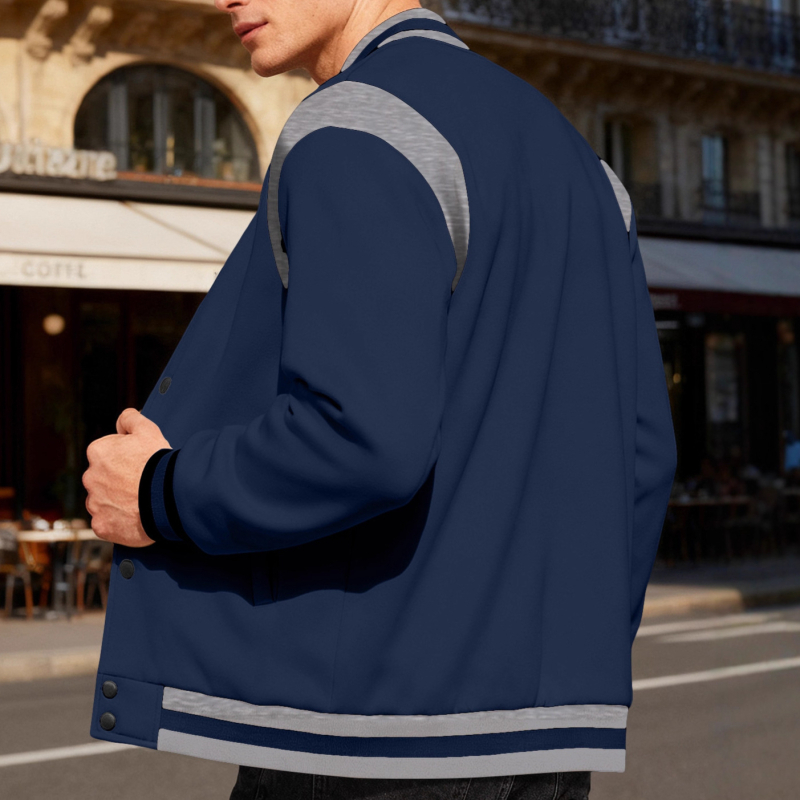 Ανδρικό μπουφάν σε στιλ μπάσκετ με επένδυση fleece, πάνελ σε χρωματικά μπλοκ, σταθερός γιακάς, κλείσιμο μονόκουμπιών, casual φθινοπωρινή-χειμερινή χρήση