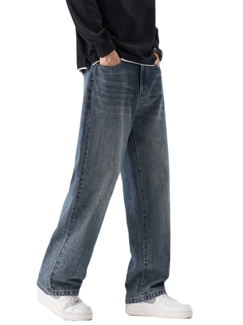 Ανδρικά τζιν ίσιας γραμμής, ρετρό πλύσιμο, denim σε αμερικανικό street style, εφαρμογή που κολακεύει τη σιλουέτα