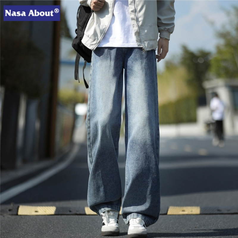 NASA Αμερικάνικα Ρετρό Πλυμένα Τζιν Ανδρών, Φαρδιά Κάτω Με Ίσια Γραμμή, Για Άνοιξη και Φθινόπωρο