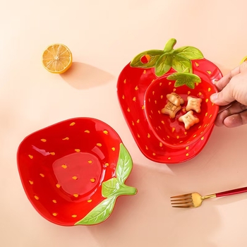 Set tanjira i zdjela u obliku jagode, porcelain posuđe za dom, kreativna zdjela za desert, doručak s tjesteninom, tanjur za užinu