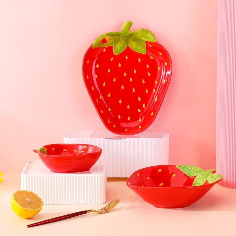 Set tanjira i zdjela u obliku jagode, porcelain posuđe za dom, kreativna zdjela za desert, doručak s tjesteninom, tanjur za užinu