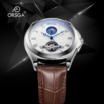 Oshima automata férfi mechanikus órája, tömör acélból, holdfázis, skeletált számlap, vízálló 30m
