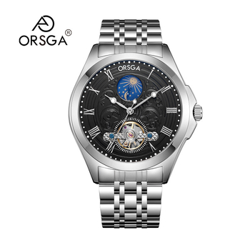 Oshima automata férfi mechanikus órája, tömör acélból, holdfázis, skeletált számlap, vízálló 30m
